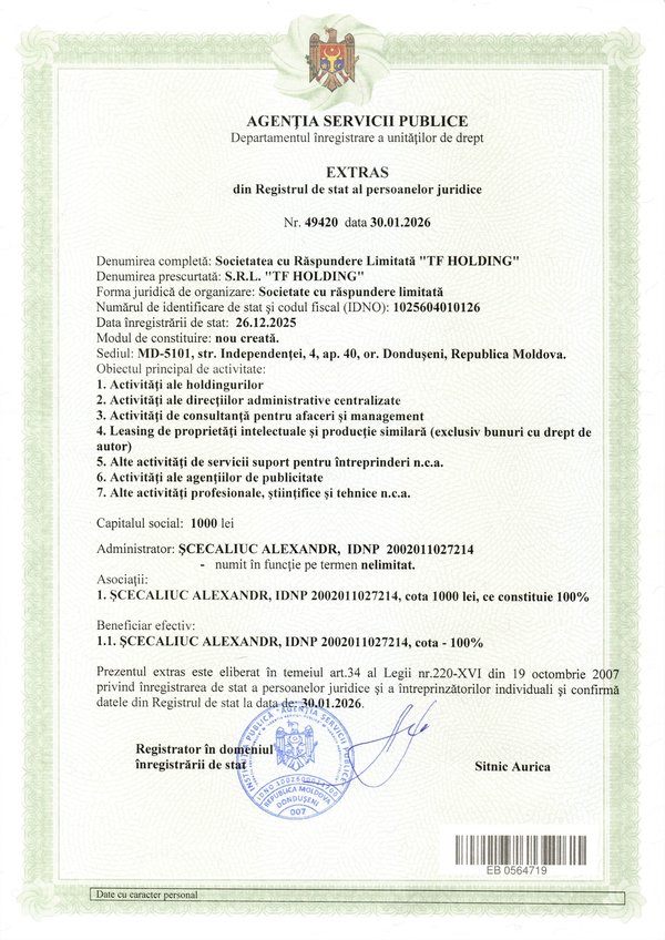 TF HOLDING S.R.L. registry extract, 30 January 2026