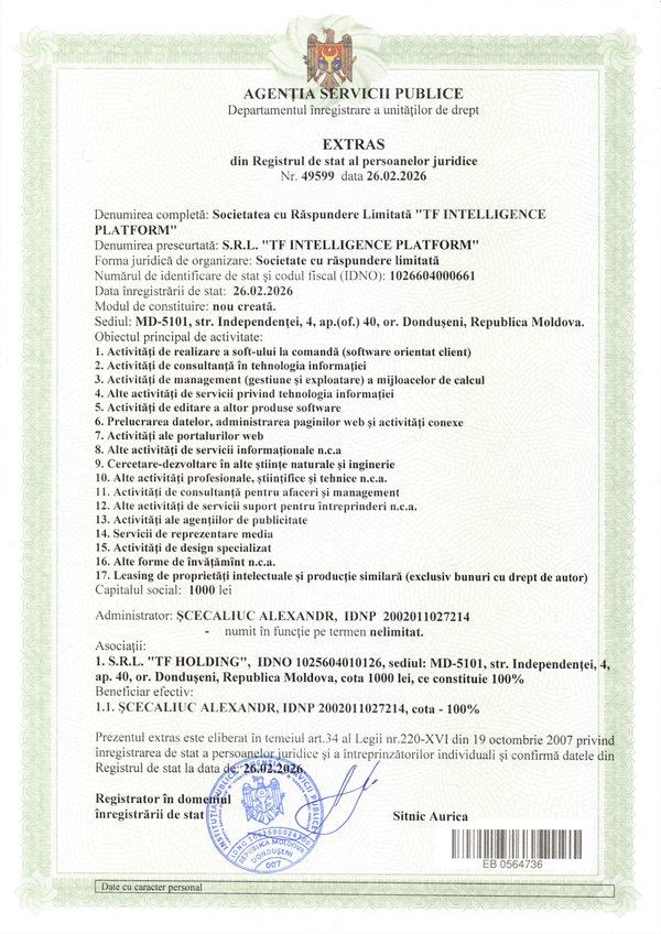 TF INTELLIGENCE PLATFORM S.R.L. registry extract, 26 February 2026